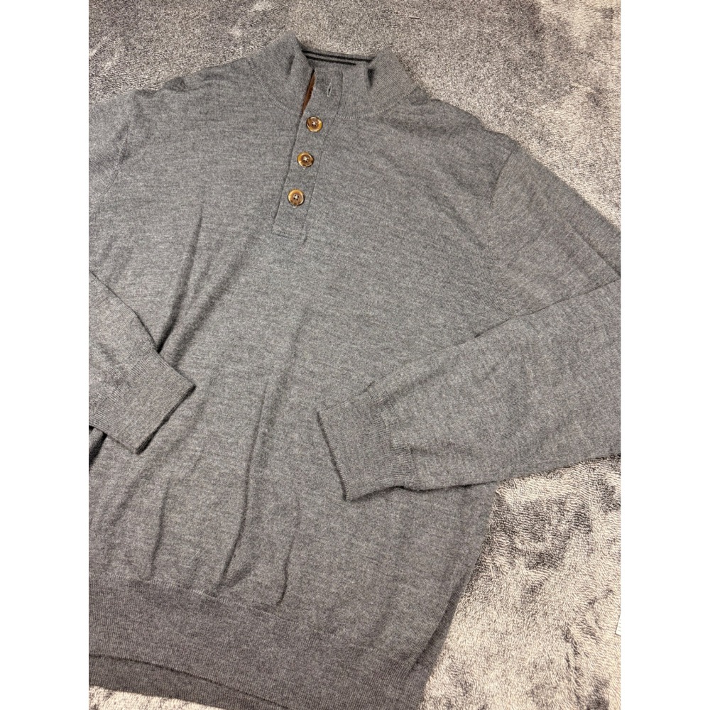 Orvis‎ Mens Large Gray 100% Merino Wool Quarter Button Mock Neck Sweater Heather